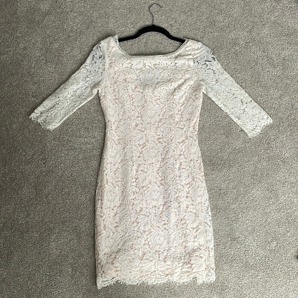 LULUS - white lace cocktail/shower dress with champagne underlay.